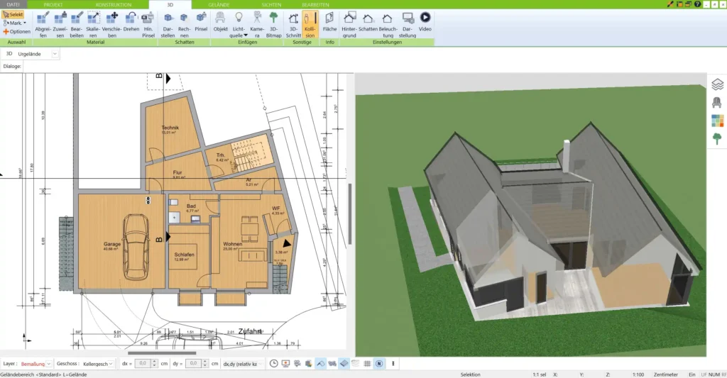 Der 2D-Grundriss des geplanten Anbaus im 3D Architekt von Immocado – präzise Planung der Wände, Fenster und Türen