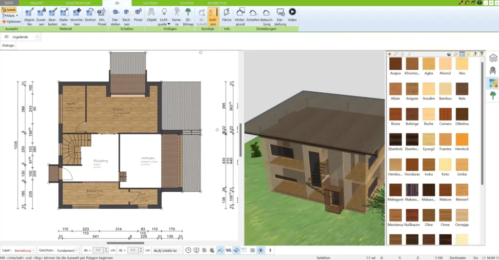 Grundriss eines modernen Holzhauses in der 2D-Ansicht der Immocado-Software