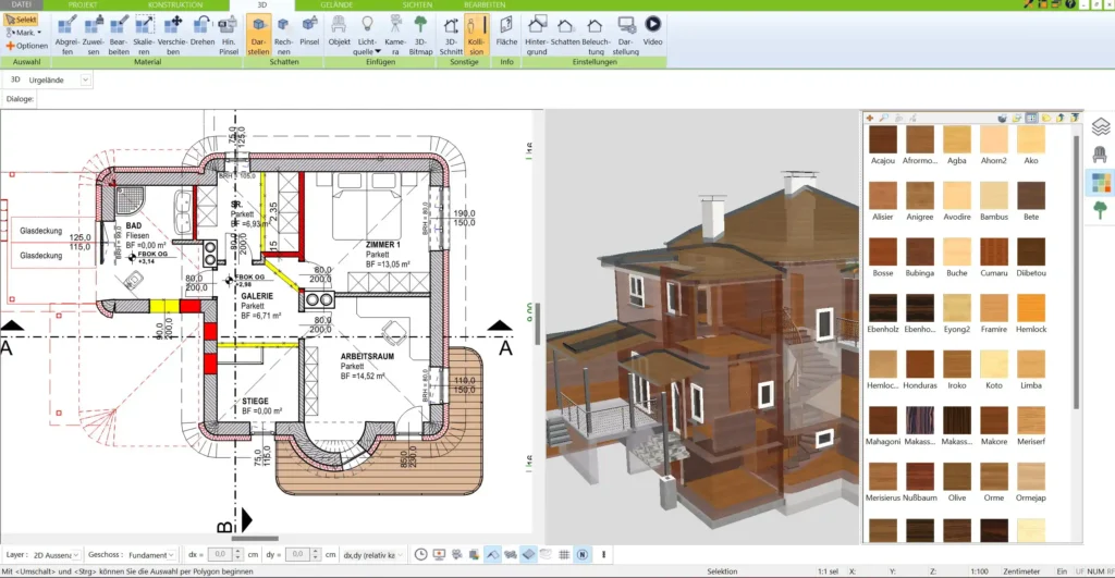 Virtuelle 3D-Begehung eines Holzhauses – eine realistische Darstellung des geplanten Projekts.