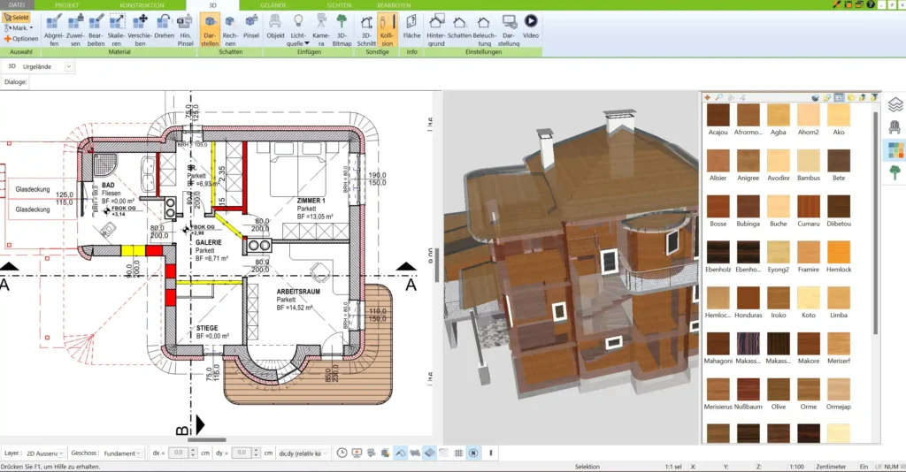 Holzarten und -strukturen in der 3D-Visualisierung