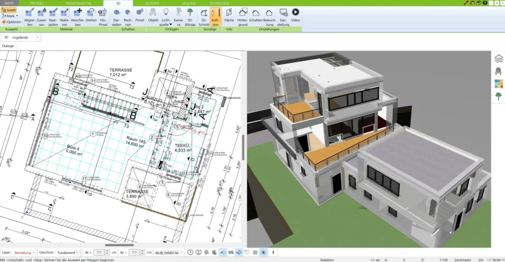 Grundriss in 2D mit der 3D Architekt Software erstellen Präzises Designen von Wänden, Räumen und Möbeln in 2D – der erste Schritt zur 3D-Visualisierung.