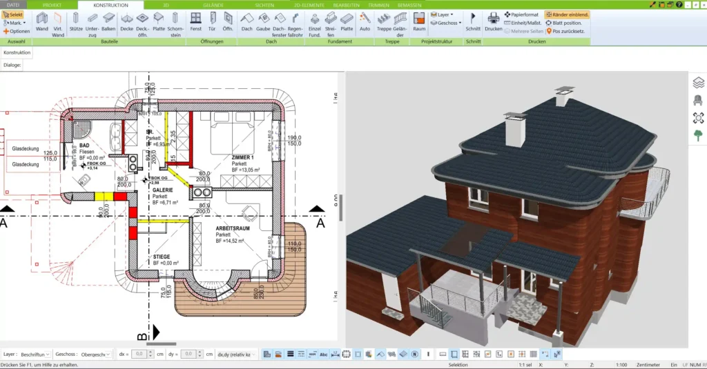 Beispiel einer neu geplanten Raumaufteilung mit dem 3D Architekt Wände lassen sich flexibel verschieben und neue Räume hinzufügen