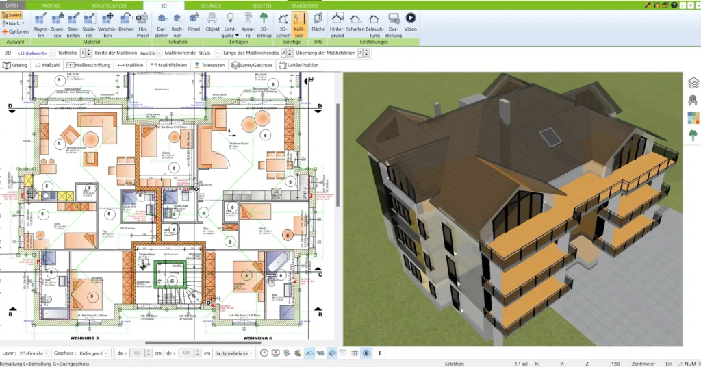 Beispiel eines gut gestalteten Grundrisses für ein Mehrfamilienhaus, erstellt mit dem 3D Architekt von Immocado, der mehrere Wohneinheiten und Gemeinschaftsbereiche zeigt