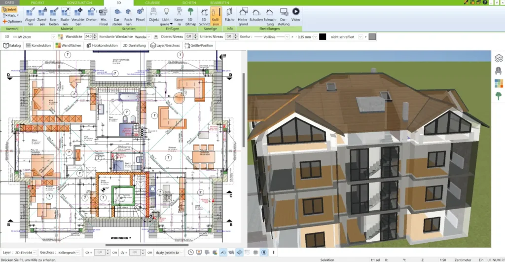 Darstellung der Planung eines Gemeinschaftsbereichs, wie Flur oder Treppenhaus, im 3D Architekt von Immocado, um eine einladende und funktionale Gestaltung zu gewährleisten.