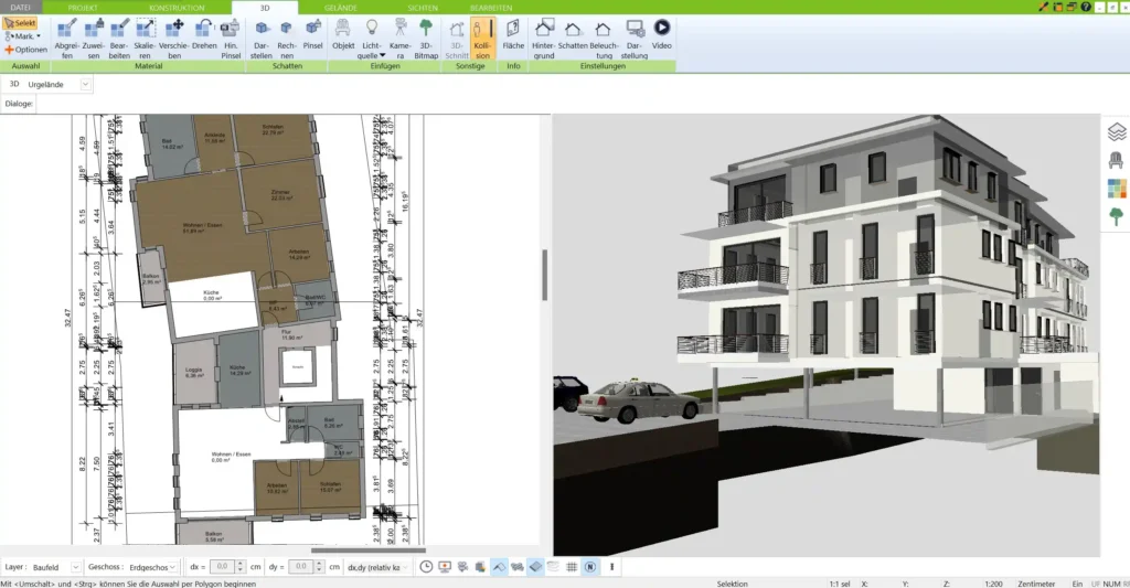 Die Schichten-Funktion im 3D Architekt von Immocado ermöglicht den einfachen Wechsel zwischen verschiedenen Layout-Varianten des Mehrfamilienhauses.