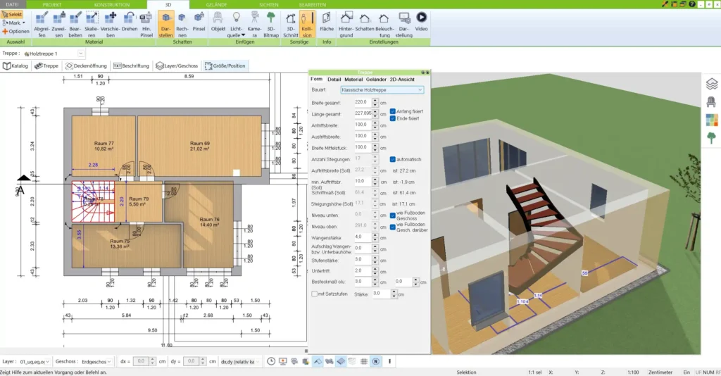 Die Treppe in der 3D-Ansicht Mit dem 3D Architekt von Immocado kann die Treppenplanung realistisch visualisiert werden, um Design und Raumwirkung zu überprüfen.