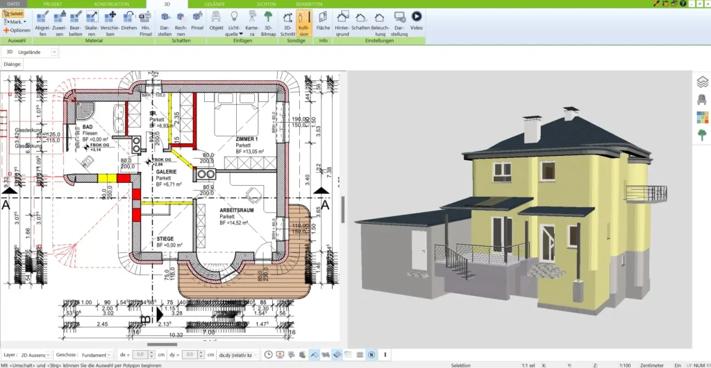 Die Wanddicke lässt sich im 3D Architekt von Immocado individuell einstellen, auch die Wandschichten lassen sich beliebig erweitern