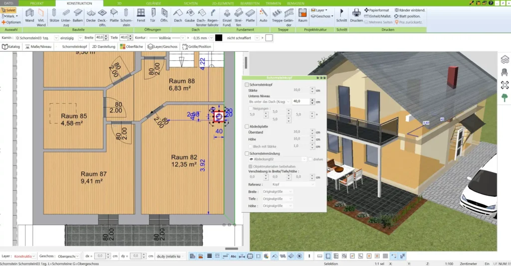 Ein Schornstein, präzise im 2D-Grundriss platziert – einfach mit dem 3D Architekt von Immocado.