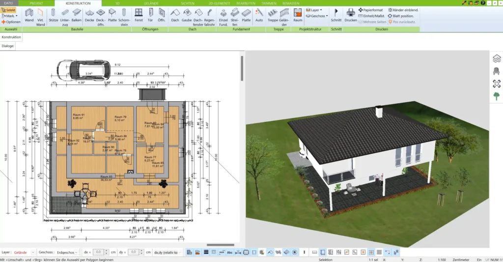 Ein vollständiger, professioneller Grundriss mit integrierten Bauelementen wie Schornsteinen, Türen und Wänden, erstellt mit dem 3D Architekt von Immocado