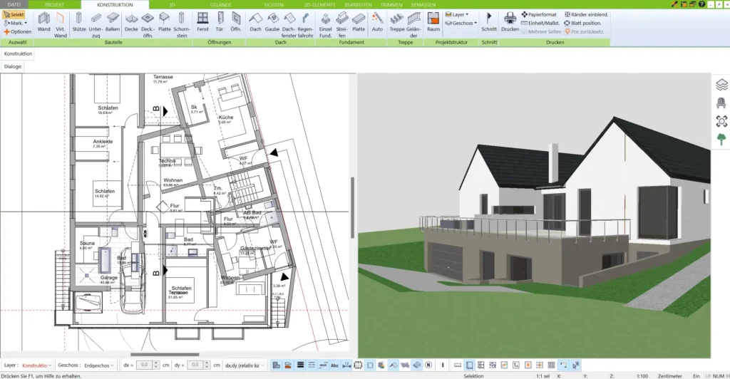 Im Grundriss lassen sich tragende und nicht-tragende Wände im 3D Architekt von Immocado auch anhand der Wanddicke erkennen