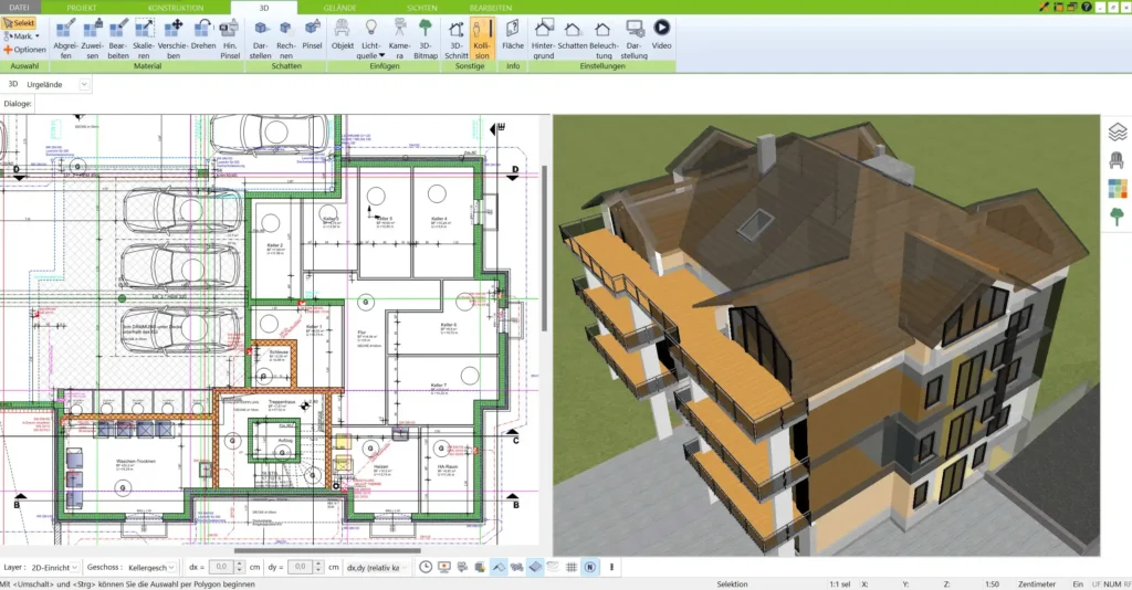 Mit dem 3D Architekt von Immocado können beliebige Grundrisse nach deutschen Baustandards geplant werden