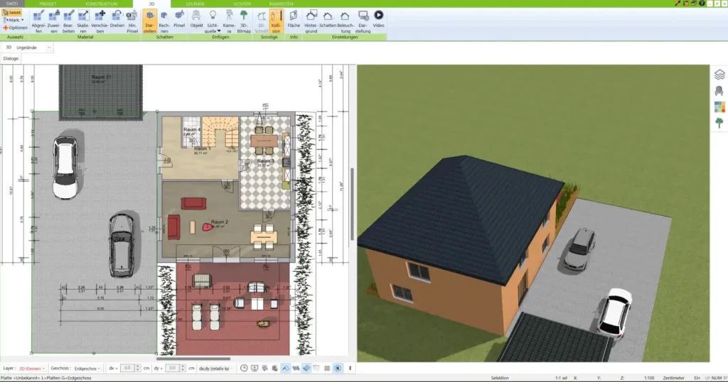 Professioneller Grundriss erstellt mit dem 3D Architekt von Immocado – Türen und Räume in 2D und 3D optimal geplant