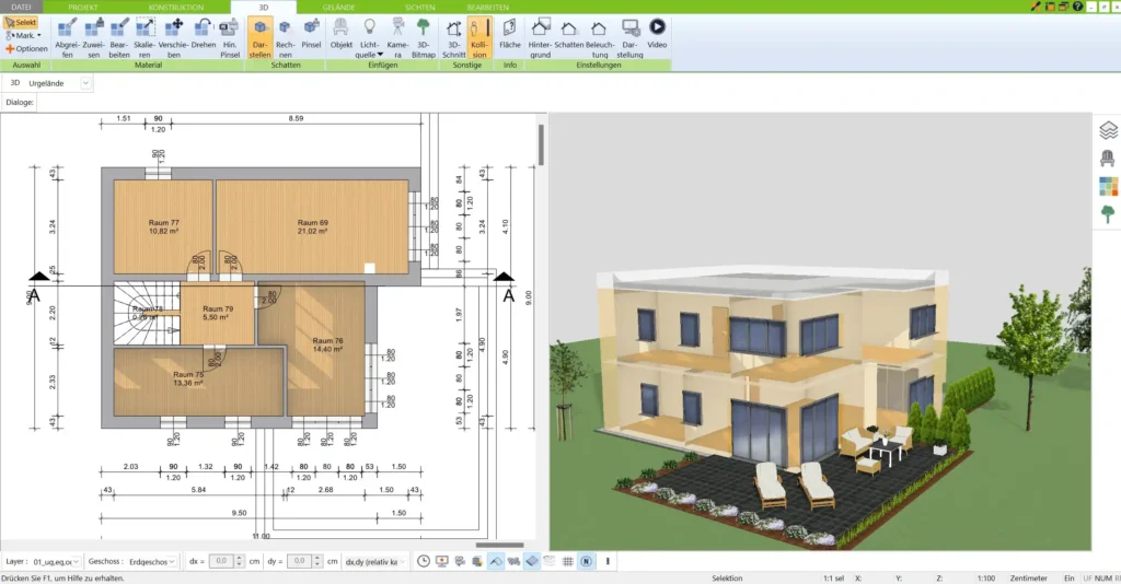 Professioneller Grundriss erstellt mit dem 3D Architekt von Immocado – Türen und Räume in 2D und 3D optimal geplant