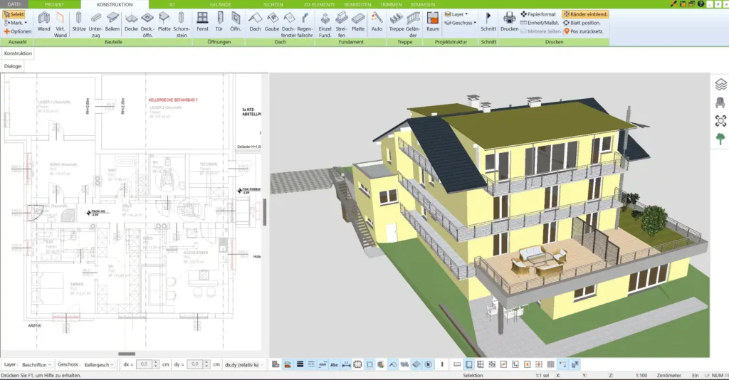 Realistische 3D-Visualisierung eines Mehrfamilienhauses, die mit dem 3D Architekt von Immocado erstellt wurde und einen detaillierten Eindruck von Raumaufteilung und Lichtverhältnissen