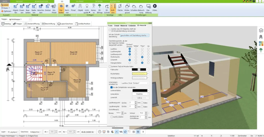 Schritt-für-Schritt-Anleitung zur Treppenplanung im Grundriss mit dem 3D Architekt von Immocado. Hier wird die Treppe im 2D-Grundriss platziert und angepasst