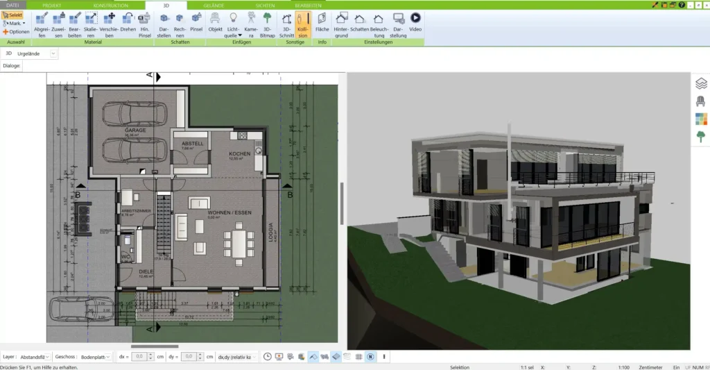 Wenn man sein Haus mit dem 3D Architekt von Immocado plant, kann man auch verschiedene Varianten anlegen und das Licht, den Schatten und Spiegelungen simulieren