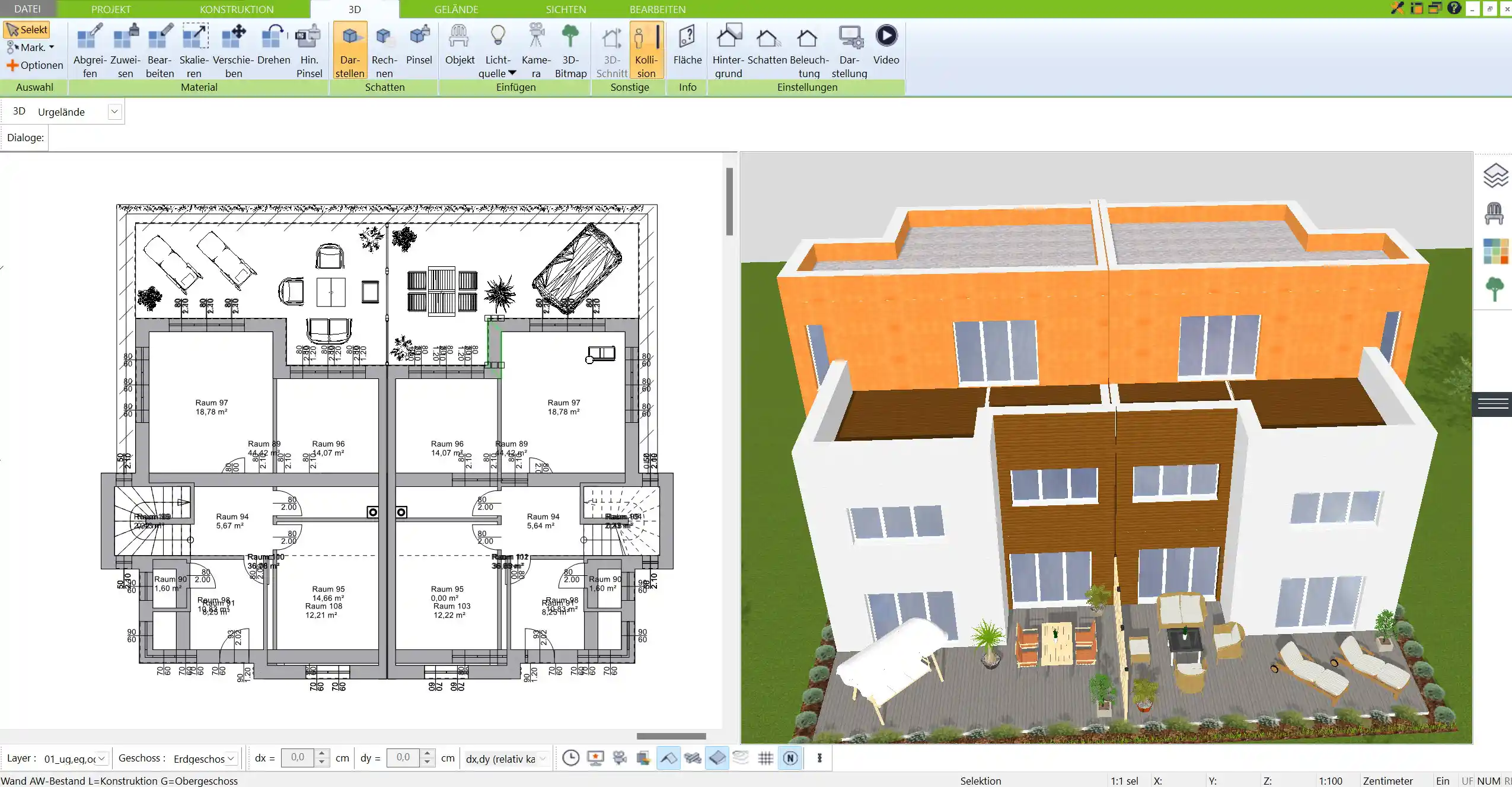 2D-Grundriss des Wohnheims – genaue Raumaufteilung und Wandstärken im 3D Architekt