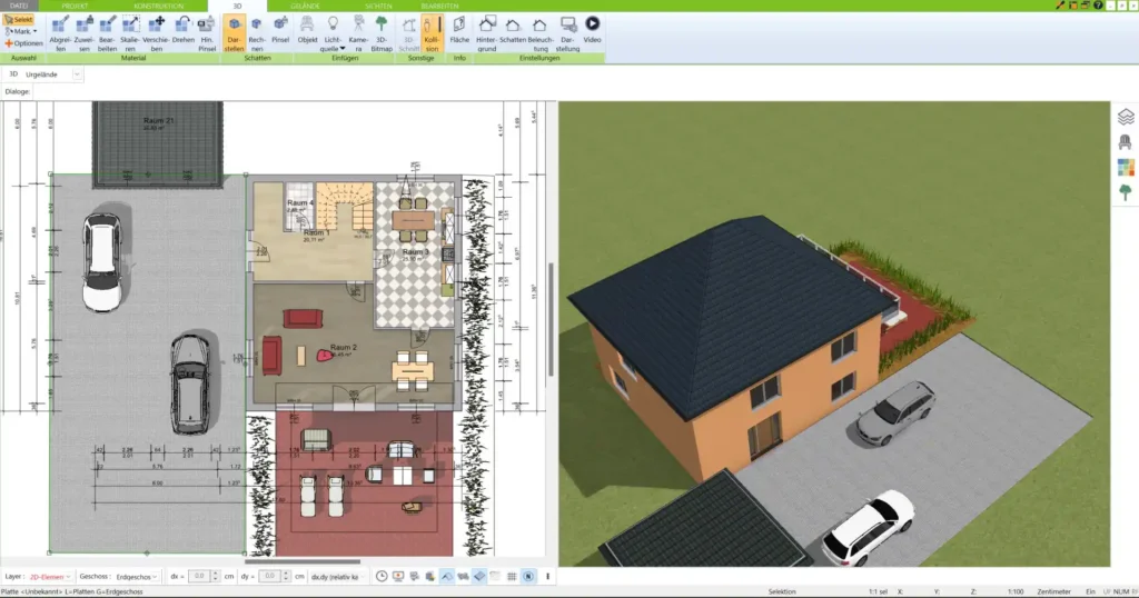 3D-Ansicht eines geplanten WG-Grundrisses – Wohnzimmer und Küche