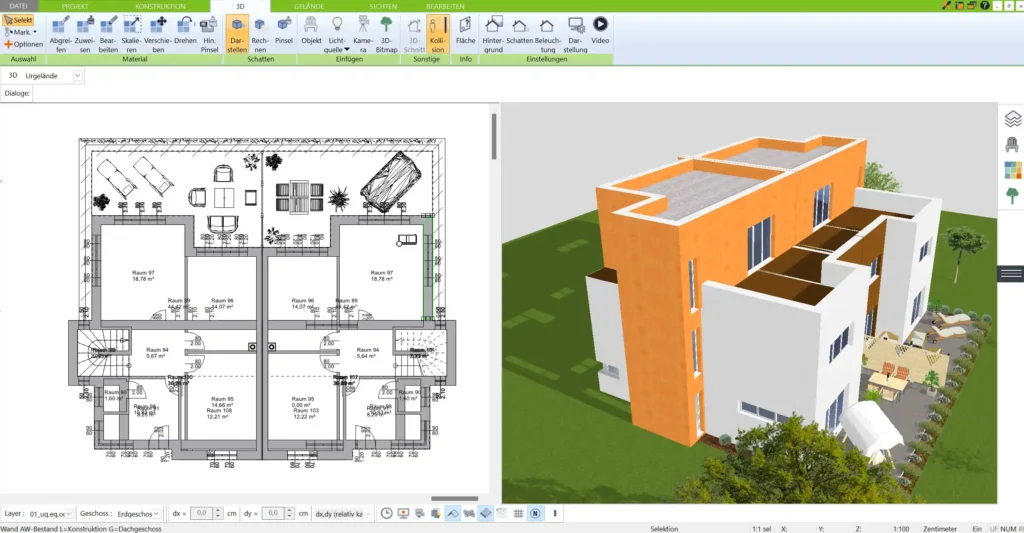 Automatische Dachanpassungen Der 3D Architekt fügt Dachstrukturen an die Gebäudeeinheiten präzise an