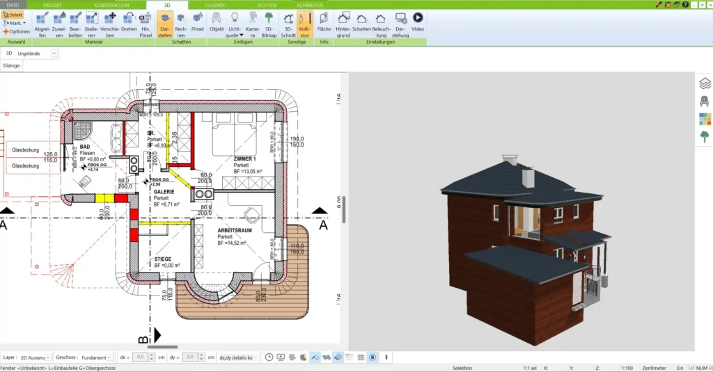 Automatische Dacherstellung Der 3D Architekt passt das Dach an die Grundfläche des Hauses an