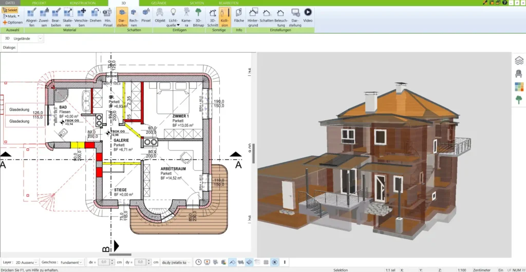 Beispiel eines 2D-Grundrisses Maßstabsgetreue Planung von Wänden, Fenstern und Türen im 3D Architekt