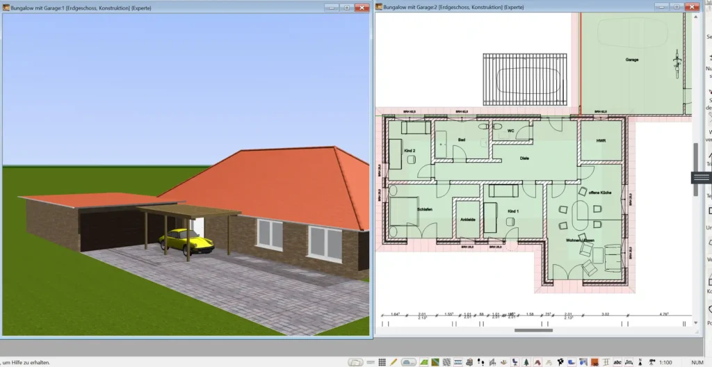 Beispiel für einen Tiny-House-Grundriss in 2D mit optimal genutztem Raum für Wohn-, Schlaf- und Kochbereich