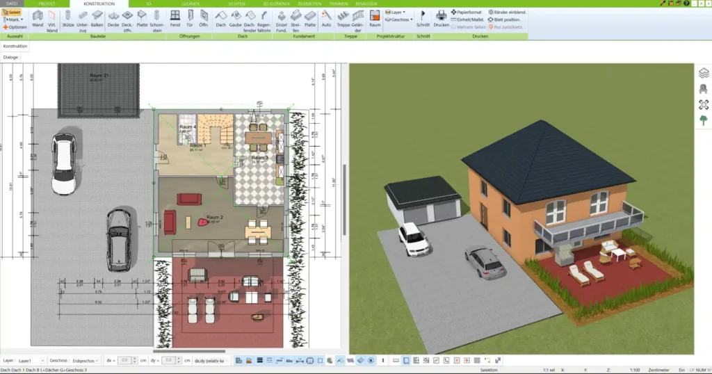 Benutzerfreundliche Oberfläche des 3D Architekten von Immocado – ideal für die schnelle Hausplanung in 2D und 3D