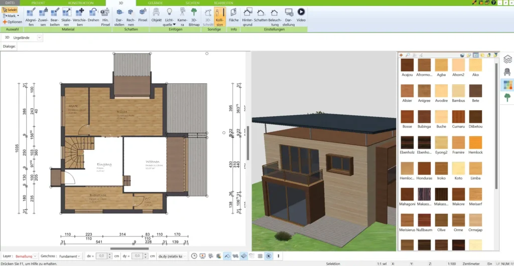 Benutzeroberfläche des 3D Architekt mit verschiedenen Planungswerkzeugen