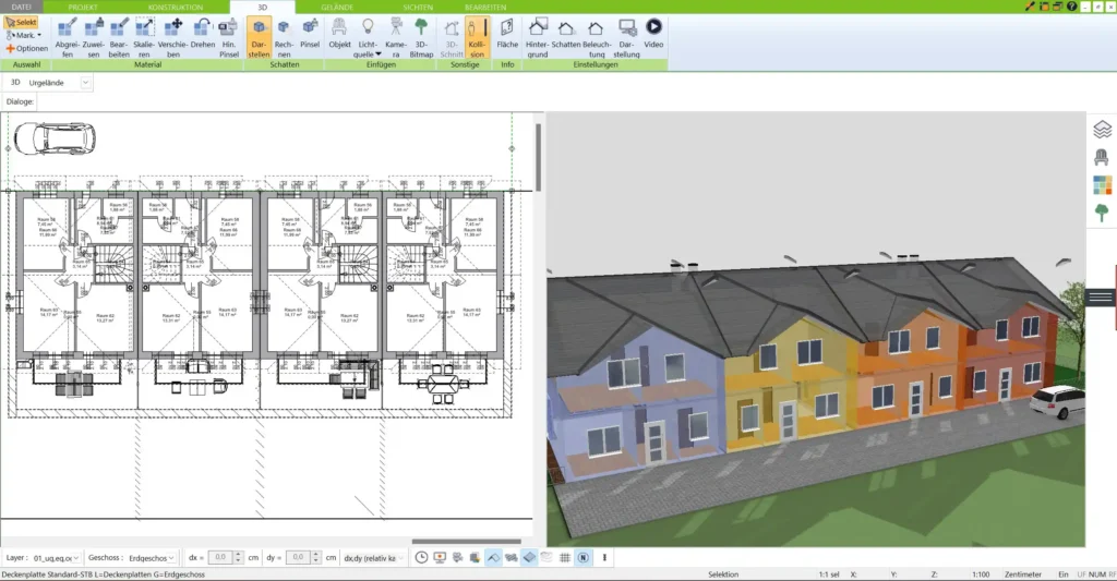 Bild eines geöffneten Grundriss-Editors im 3D Architekt von Immocado mit klaren 2D- und 3D-Darstellungen