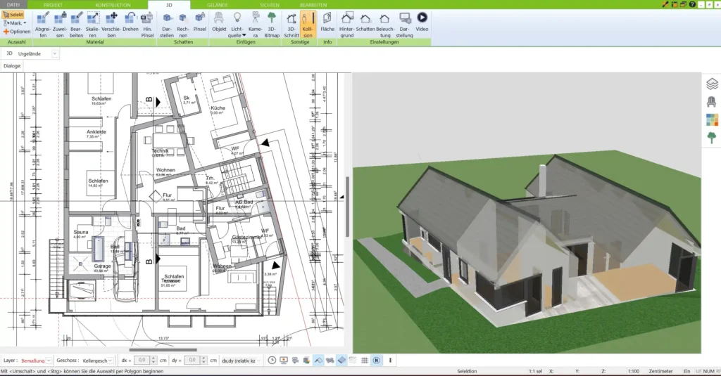 Darstellung einer optimalen Kellerisolierung und Raumaufteilung, geplant mit dem 3D Architekt von Immocado