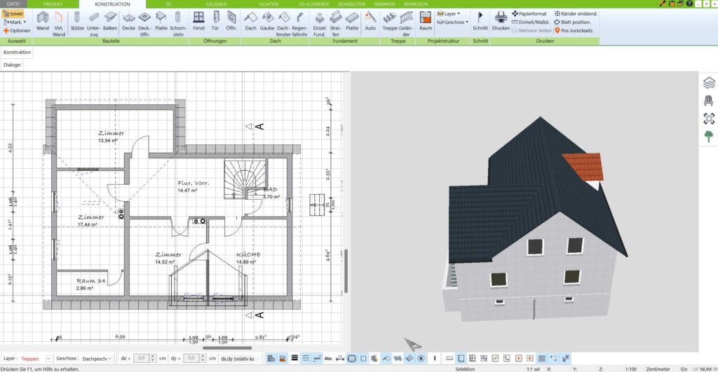 Darstellung eines Grundrisses mit korrekt geplanten Dachschrägen und Wandhöhen, visualisiert in der 2D-Ansicht der Software