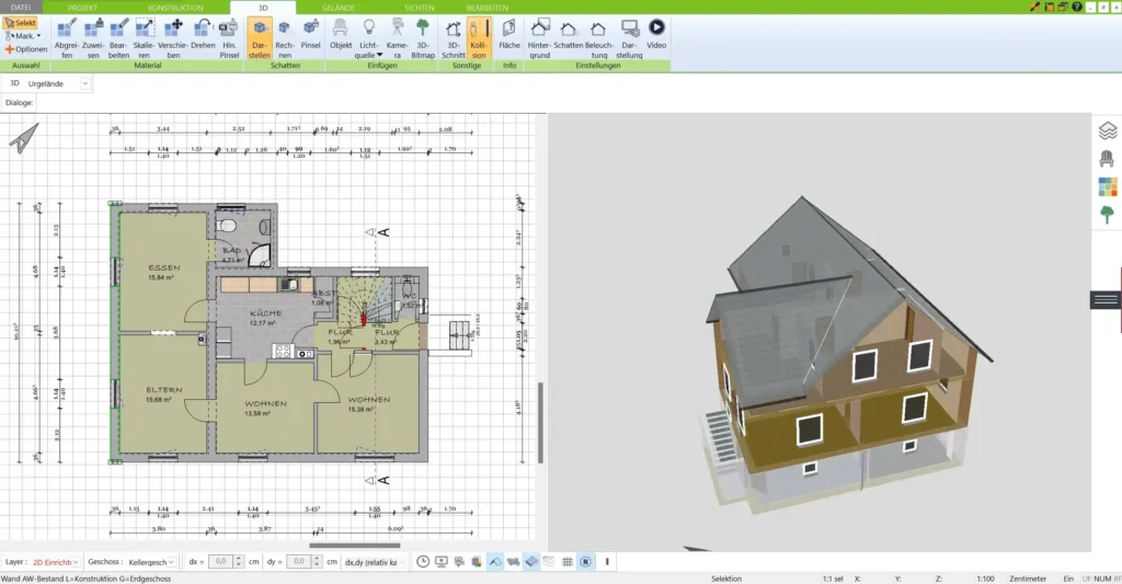 Das charakteristische Chalet-Dach in 3D – geneigte Dächer schützen vor Schnee und fügen sich harmonisch in die Umgebung ein