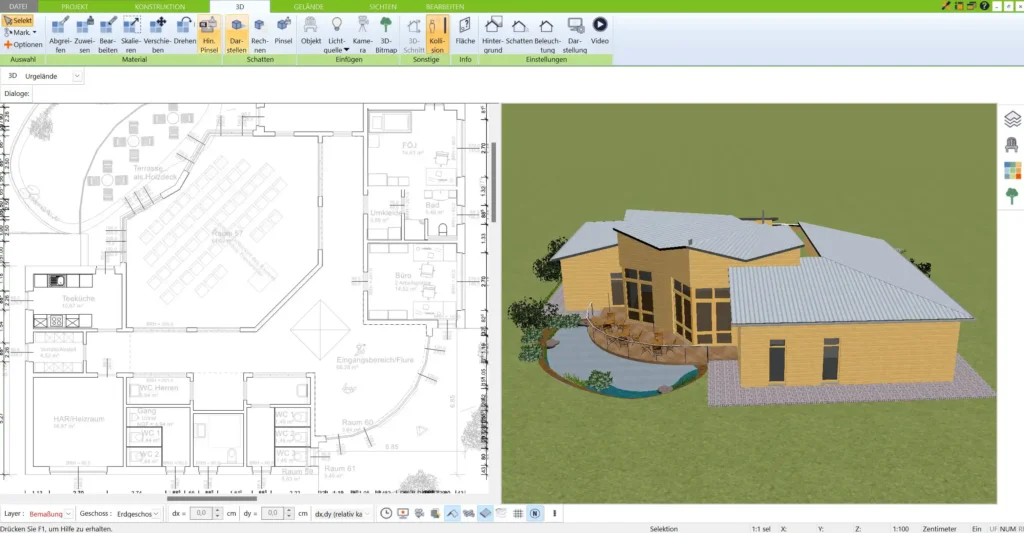 Der 2D-Modus im 3D Architekt von Immocado zeigt die Grundstruktur der Almhütte und ermöglicht eine präzise Planung der Raumaufteilung