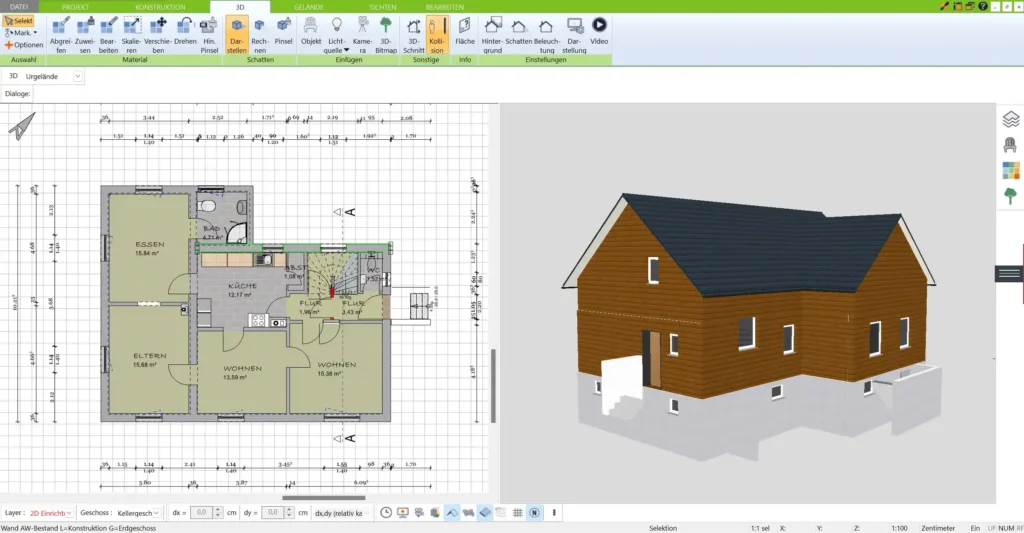 Der 3D Architekt von Immocado bietet die Möglichkeit, Baupläne direkt im DWG-Format zu exportieren, ideal für die Zusammenarbeit mit Architekten