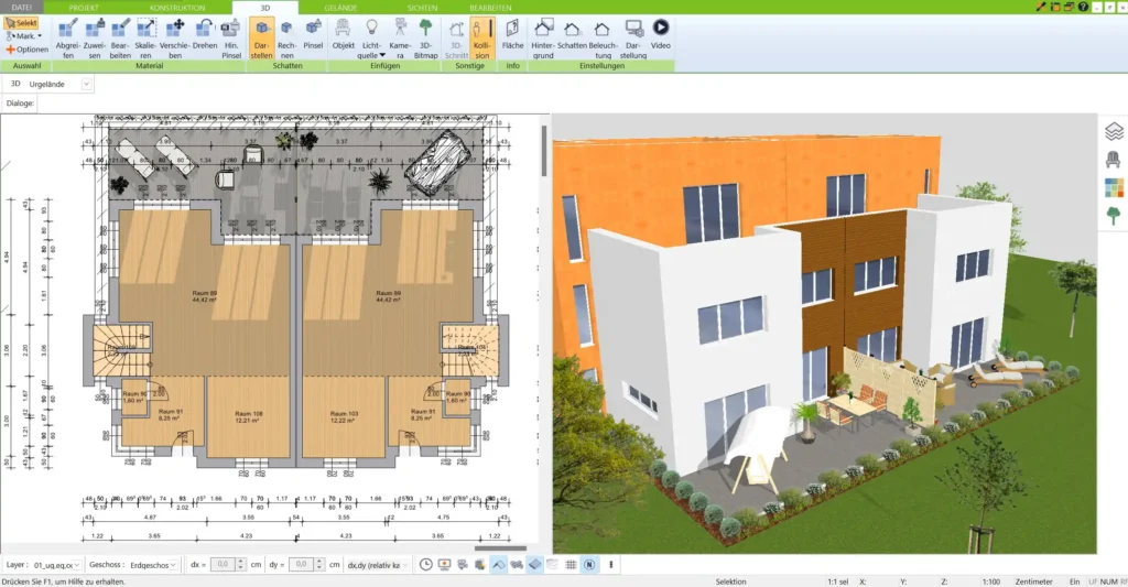 Der 3D Architekt von Immocado bietet die Möglichkeit, Baupläne direkt im DWG-Format zu exportieren, ideal für die Zusammenarbeit mit Architekten