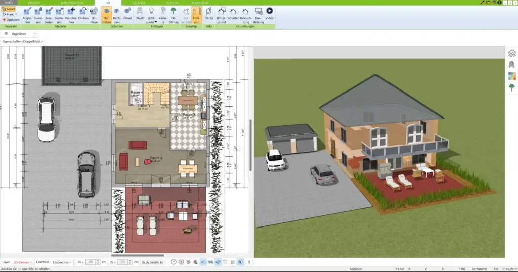 Der 3D Architekt von Immocado bietet eine klare 2D-Ansicht, ideal für die präzise Grundrissplanung von Haus und Garage