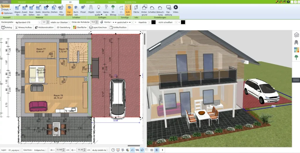 Der 3D Architekt von Immocado bietet eine klare 2D-Ansicht, ideal für die präzise Grundrissplanung von Haus und Garage