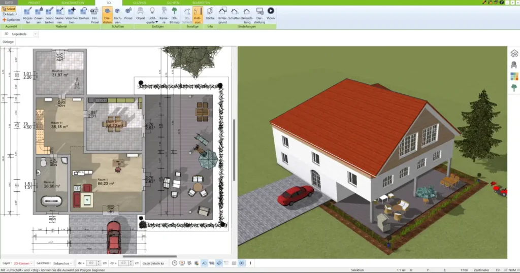 Detaillierte 3D-Visualisierung im 3D Architekt von Immocado realistische Darstellung von Innenräumen und Außenansichten