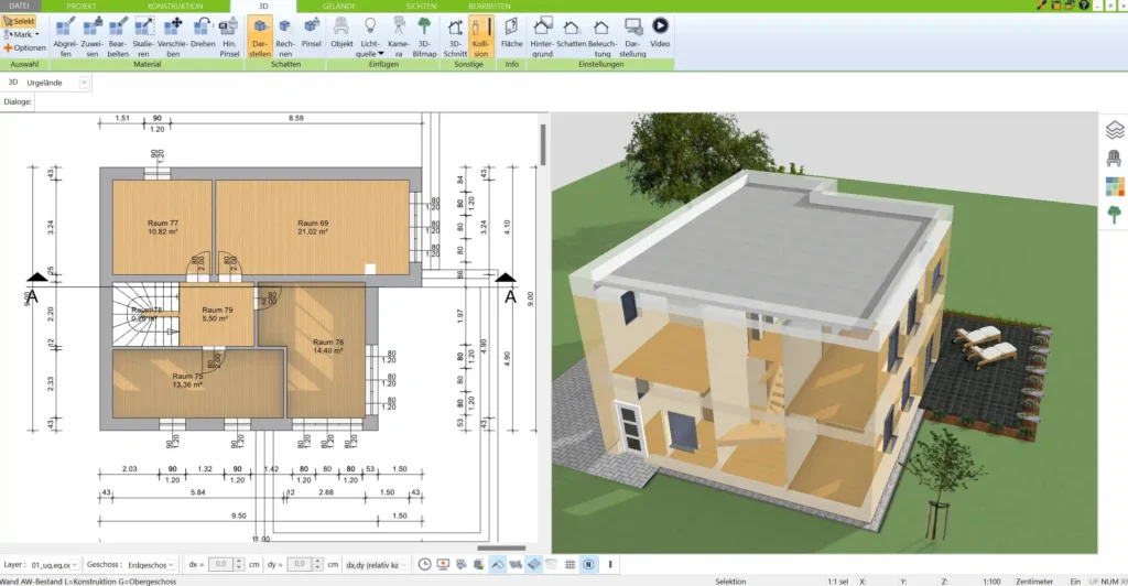 Detaillierte 3D-Visualisierung im 3D Architekt von Immocado realistische Darstellung von Innenräumen und Außenansichten