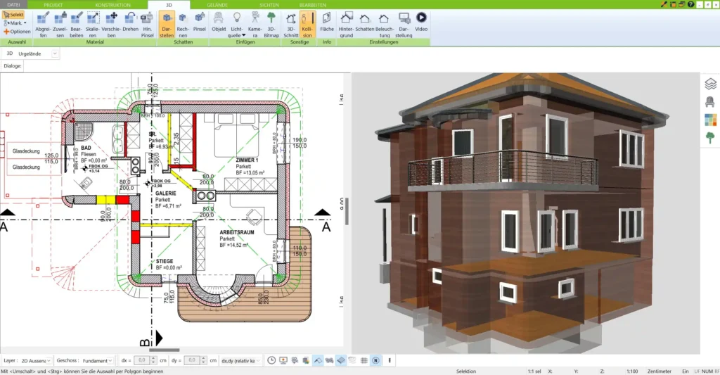 Detaillierte Darstellung eines geplanten Hauses mit dem 3D Architekt von Immocado