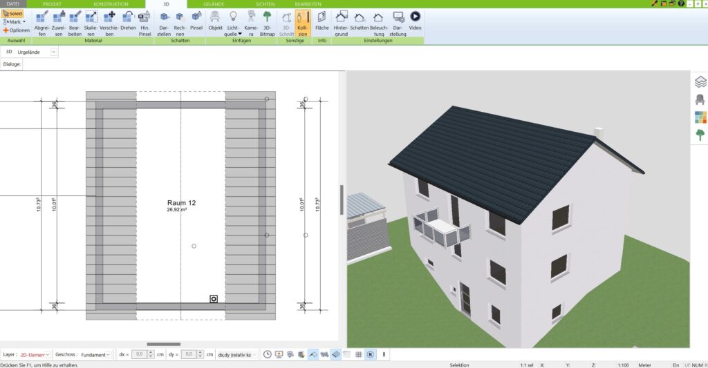 Die 3D-Ansicht des 3D Architekt zeigt, wie Dachschrägen realistisch in das gesamte Bauprojekt integriert werden