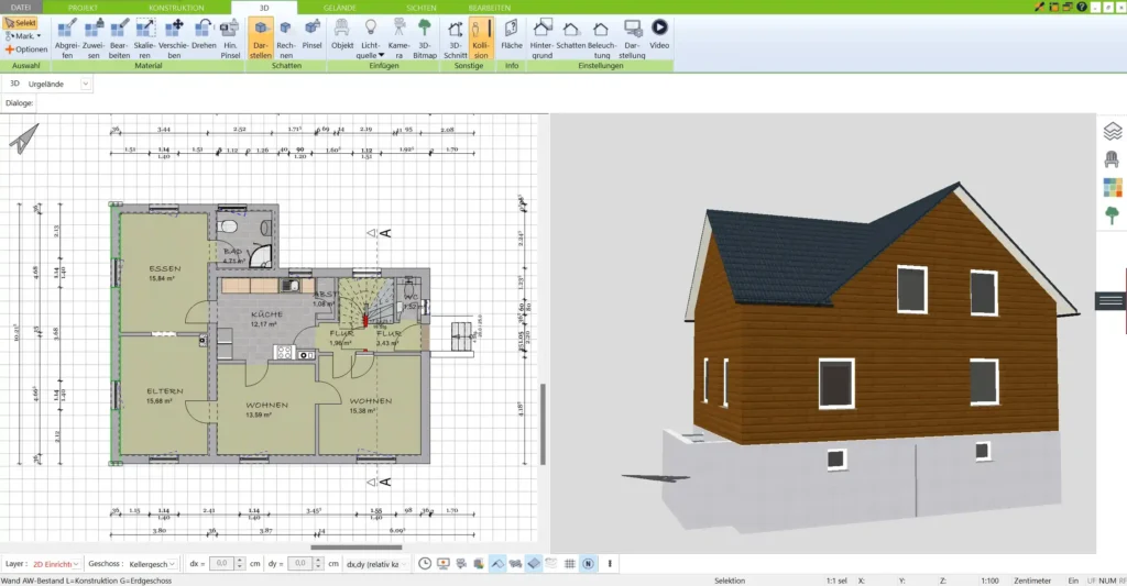 Die 3D-Ansicht ermöglicht eine realistische Visualisierung und Anpassung Ihres Architektenhaus-Grundrisses