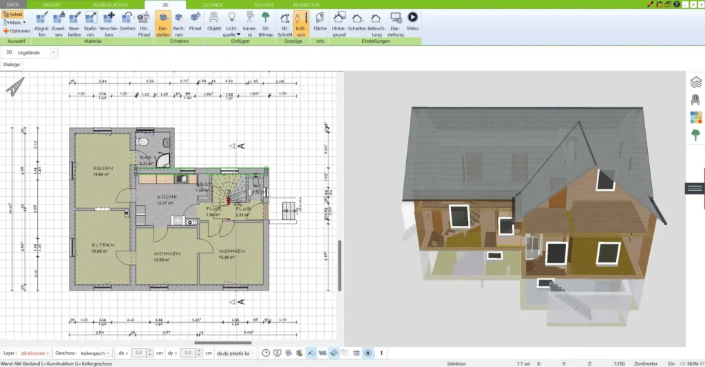 Die 3D-Ansicht ermöglicht es, das geplante Doppelhaus realistisch und detailreich zu visualisieren