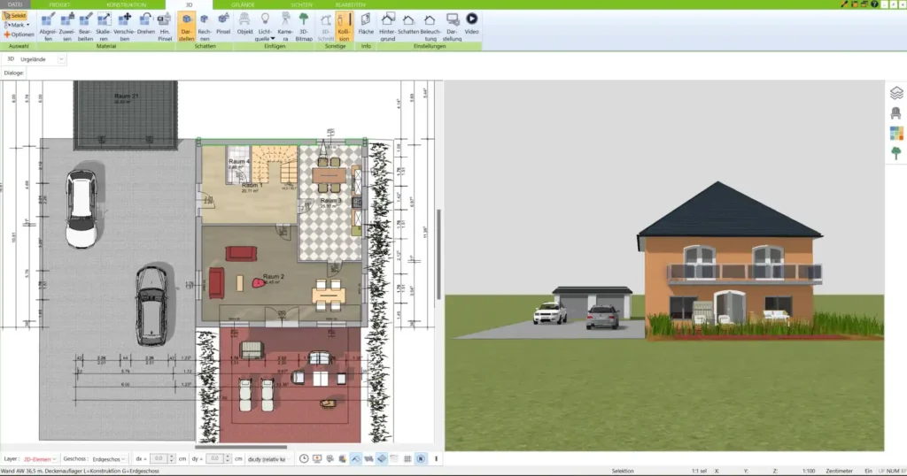 Die intuitive Benutzeroberfläche des 3D Architekten von Immocado erleichtert den Einstieg in die Hausplanung im Vergleich zur komplexeren FreeCAD-Oberfläche