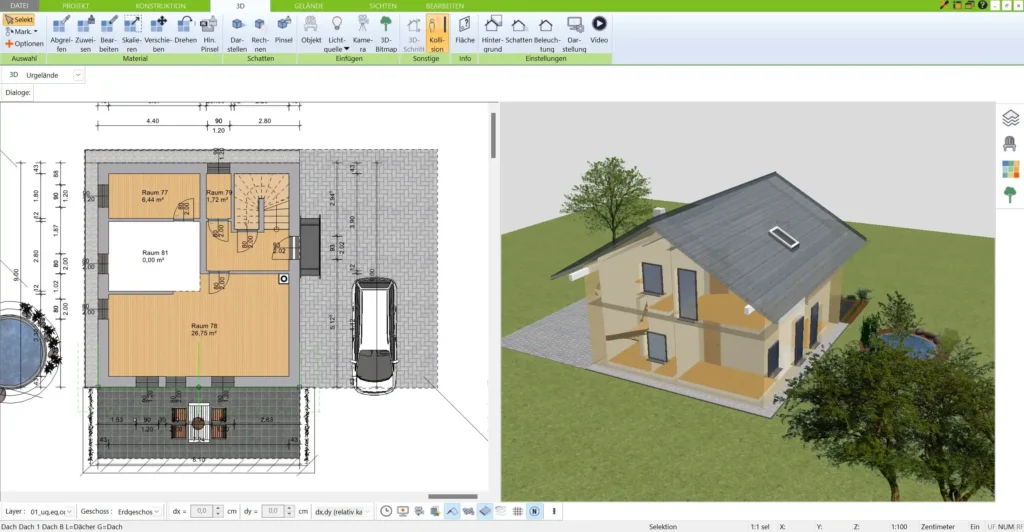 Die intuitive Benutzeroberfläche des 3D Architekten von Immocado erleichtert den Einstieg in die Hausplanung im Vergleich zur komplexeren FreeCAD-Oberfläche