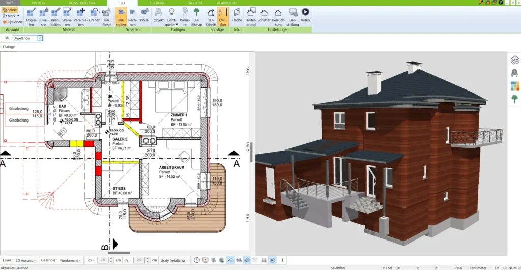 Digitale Nachzeichnung eines Altbaus in der 2D-Ansicht des 3D Architekt von Immocado