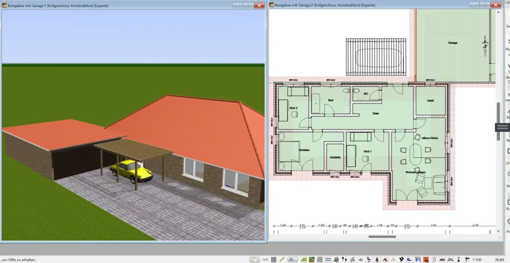 Ein 2D-Grundriss eines Nullenergiehauses mit klarer Raumaufteilung und Süd-Ausrichtung der Aufenthaltsräume, erstellt im 3D Architekt von Immocado