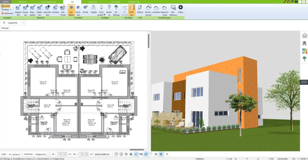 Ein 2D-Grundriss eines Nullenergiehauses mit klarer Raumaufteilung und Süd-Ausrichtung der Aufenthaltsräume, erstellt im 3D Architekt von Immocado