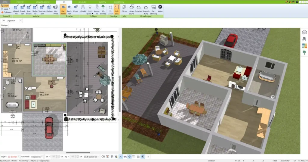 Ein Beispiel-Grundriss für ein KfW-Effizienzhaus, erstellt mit dem 3D Architekt von Immocado, der die optimale Raumaufteilung und Platzierung von Fenstern zeigt