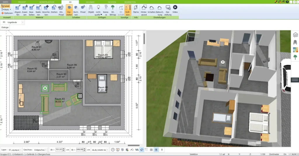 Ein Beispiel-Grundriss für ein KfW-Effizienzhaus, erstellt mit dem 3D Architekt von Immocado, der die optimale Raumaufteilung und Platzierung von Fenstern zeigt